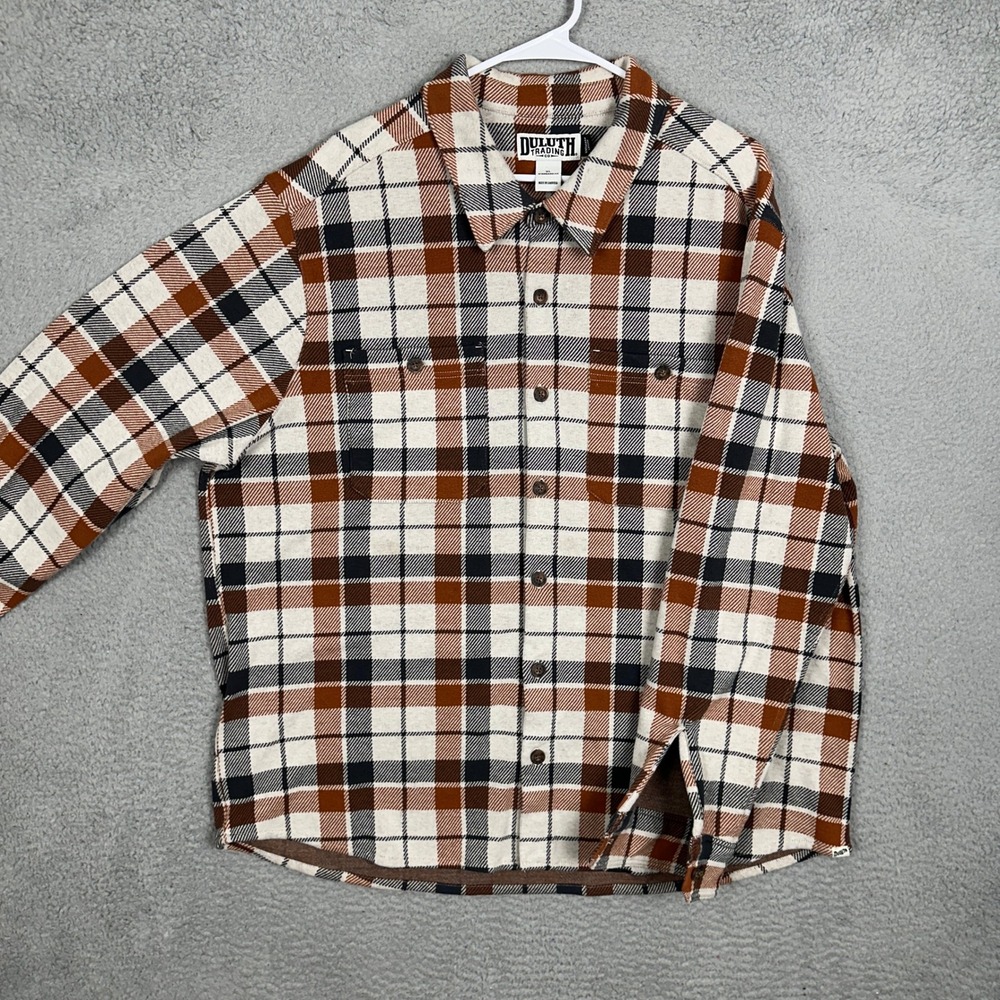 Duluth Trading Co Shirt Mens XL Untucked Standard Fit Brown Plaid Button Up EUC